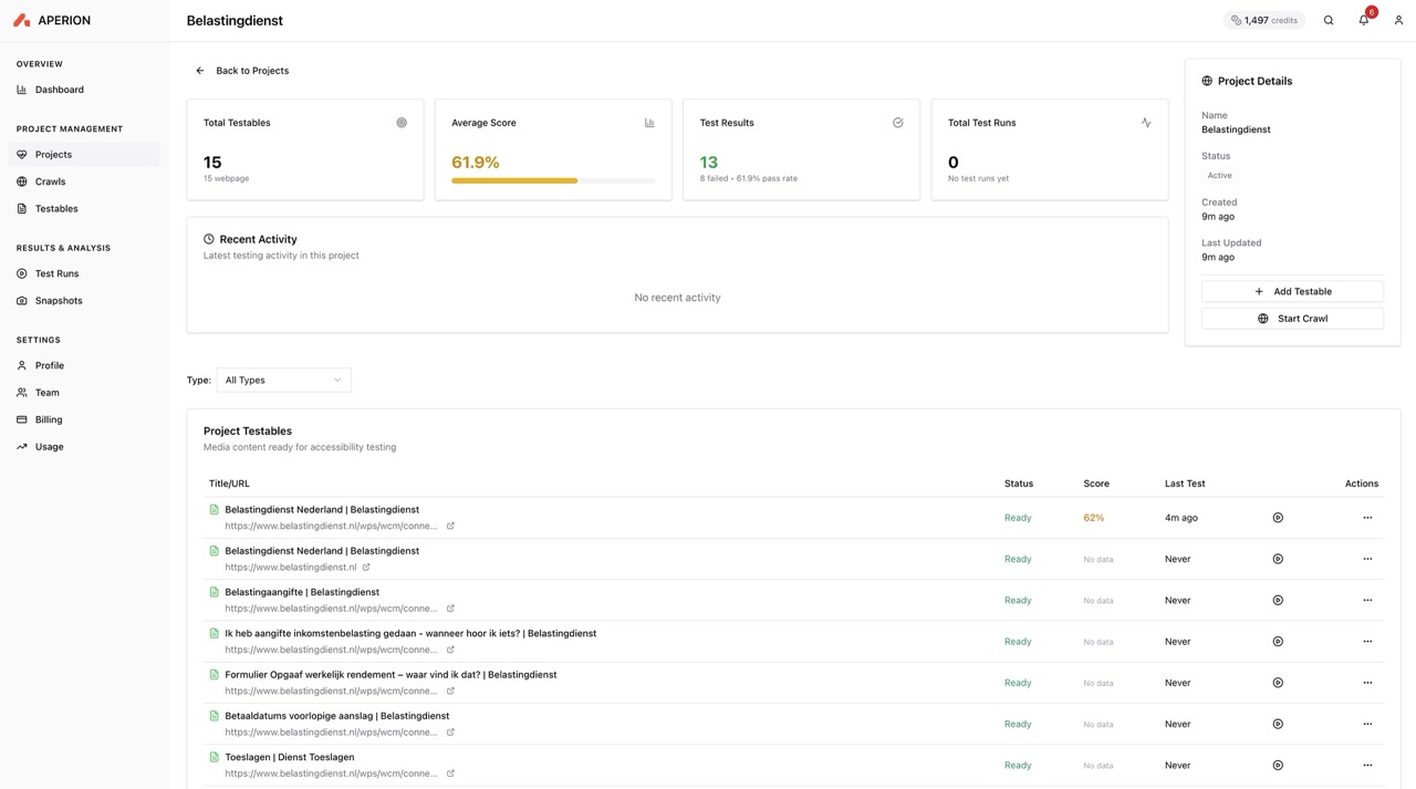 APERION dashboard showing accessibility test results for a website, including performance metrics, test status indicators, and detailed test result tables with categories like SEO, Accessibility, and Security